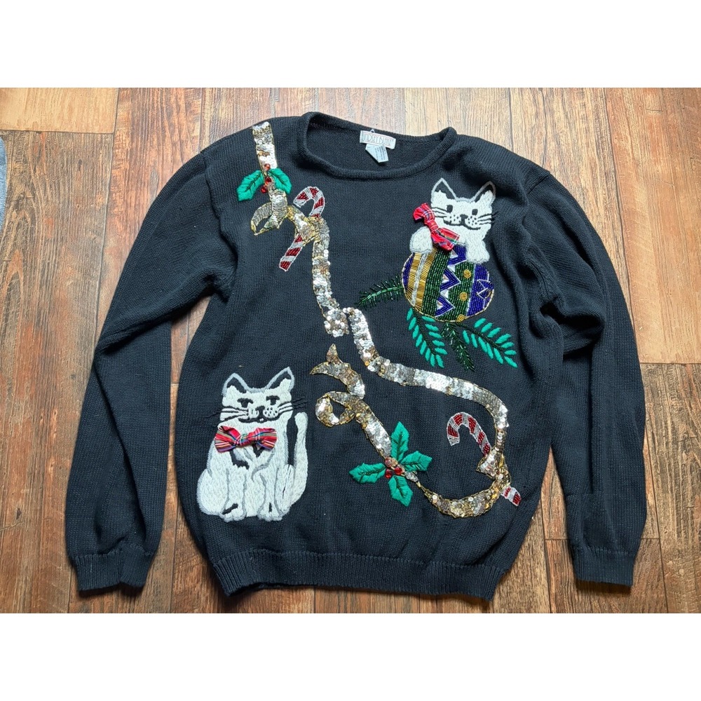 Lindsey Blake Cat Sweater Size Medium Black Holiday Christmas L